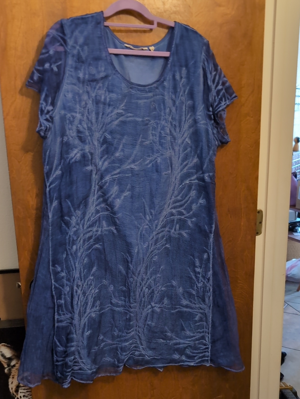 Soft Surroundings Silk Indigo Embroidered Short-Sleeve Dress - Casual Scoop Neck